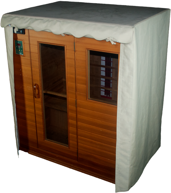Outdoor Sauna Cover with door rolled up and secured at top