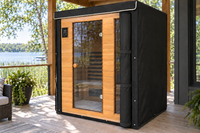 All-in-One sauna cover with upgraded front door held back by three black straps