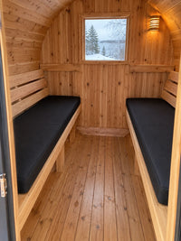 Custom Barrel Sauna Cushion installed on sauna benches