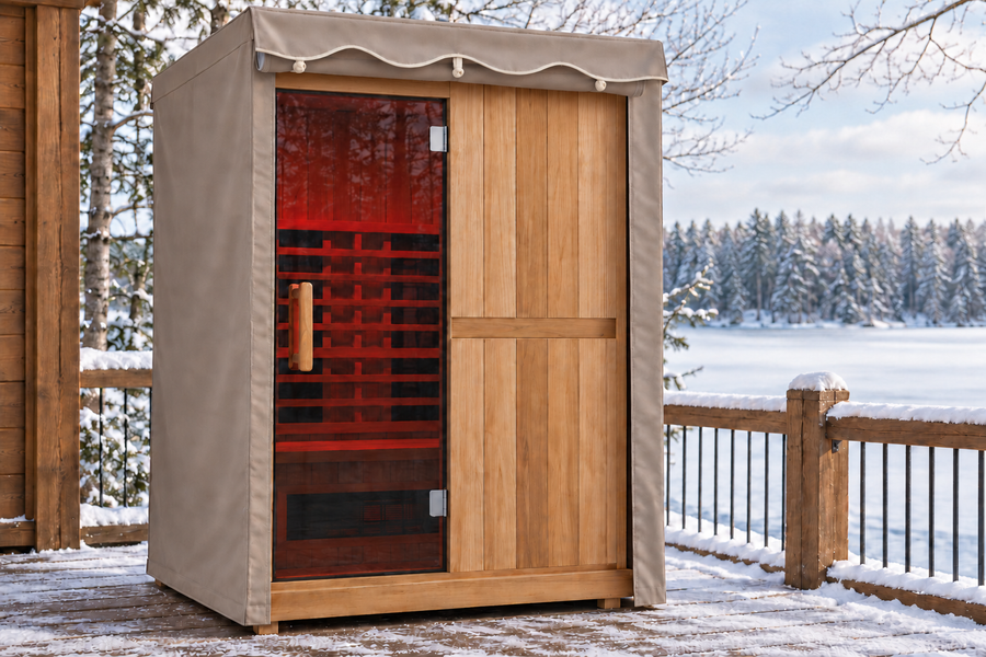 Finnmark sauna with fitted cover and natural trim in a winter setting
