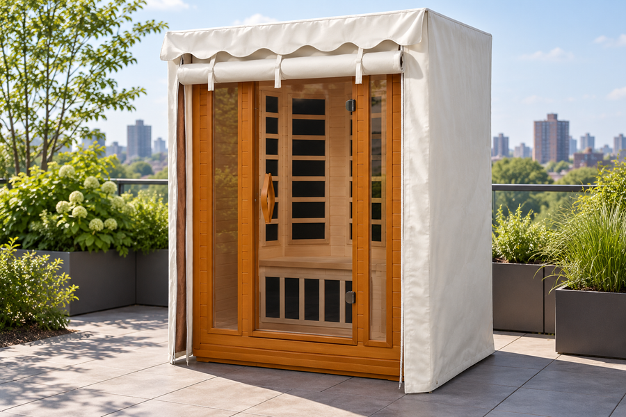 Golden Designs sauna with the natural canvas cover front rolled up on a sheltered rooftop patio