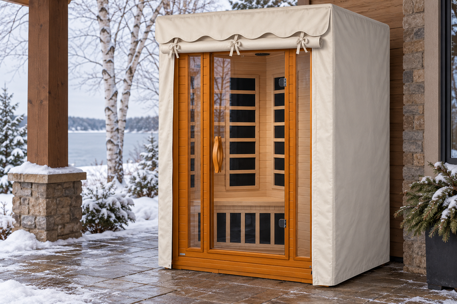 Golden Designs sauna cover shown from above under a sheltered lakeside porch in winter