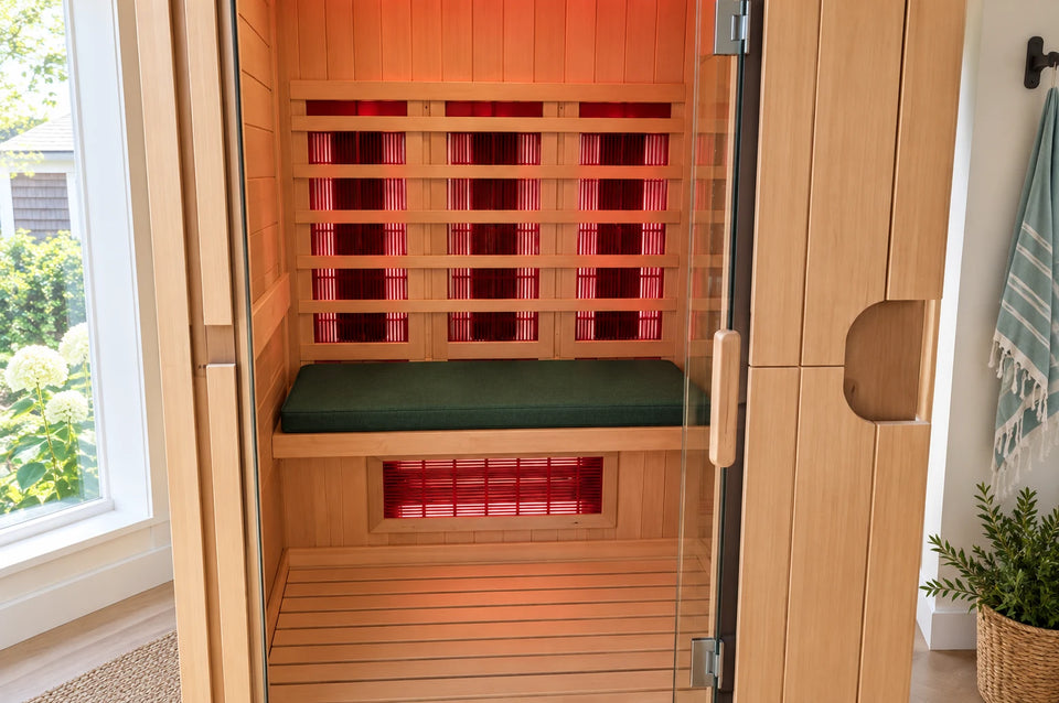Sauna Cushion - Sunlighten shown in a sauna setting