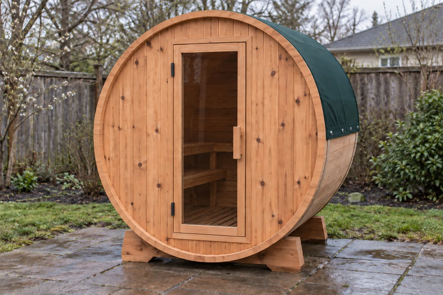 Forest green fitted barrel sauna roof cover in a spring garden