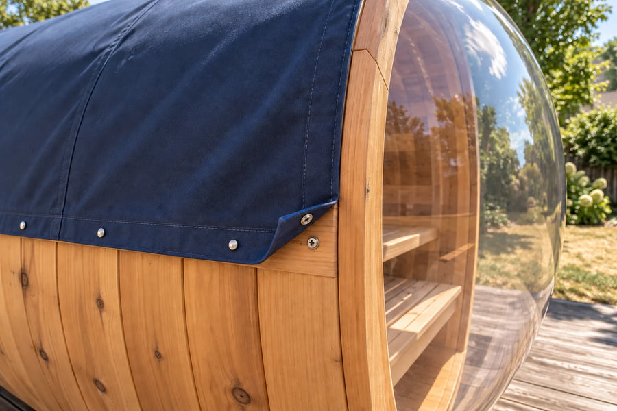 Blue fitted barrel sauna roof cover with small fastening snaps