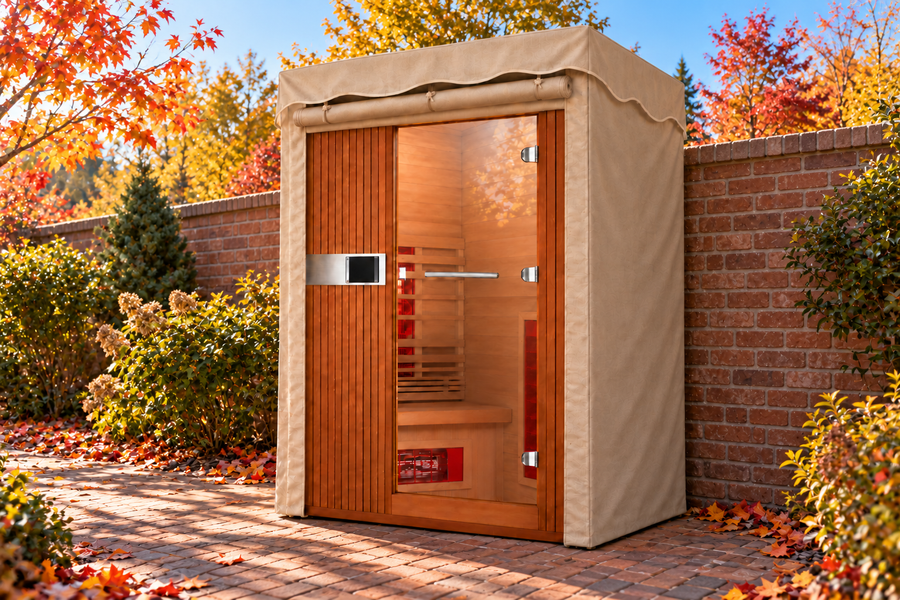 Sauna Cover - Health Mate Saunas — Avena Linen natural warm beige/taupe matching the reference, NEVER white