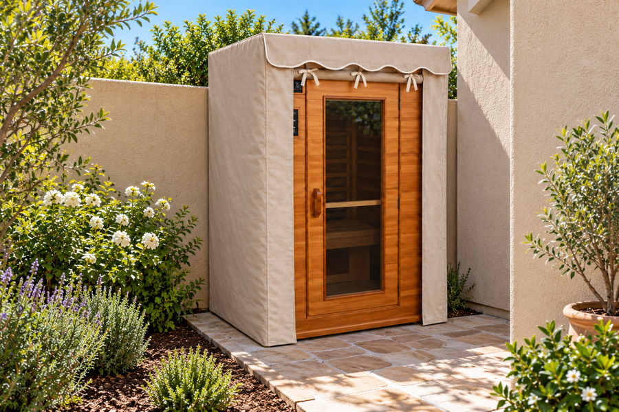 Custom Sauna Cover — beige canvas with standard front door rolled up