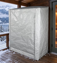 Silver insulated thermal sauna cover on a covered deck in winter