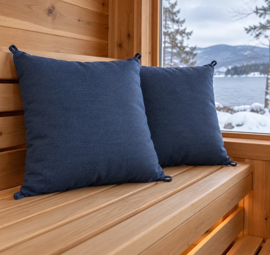 Two Throw Pillows (Square) shown in a sauna setting