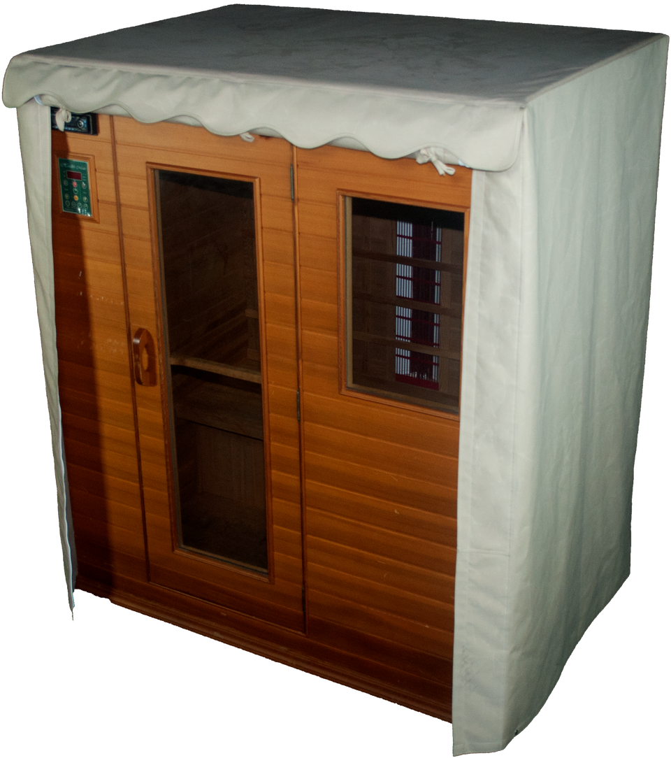 Outdoor Sauna Cover with door rolled up and secured at top