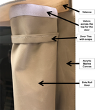 Outdoor Sauna Cover showing features of the sauna cover with close up of door rolling to side with velcro