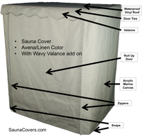 Outdoor Sauna Cover showing features of the sauna cover with door flap closed