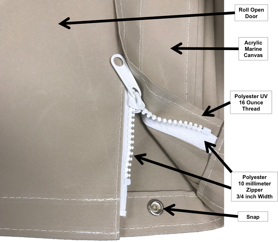 Outdoor Sauna Cover showing features of the zippers and snaps