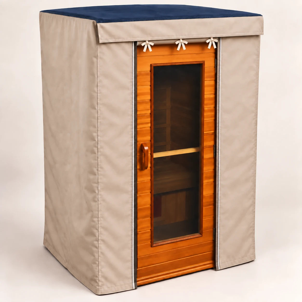Narrow standard roll-up cover opening around the wooden front door with stationary fabric panels on either side and natural ivory ties