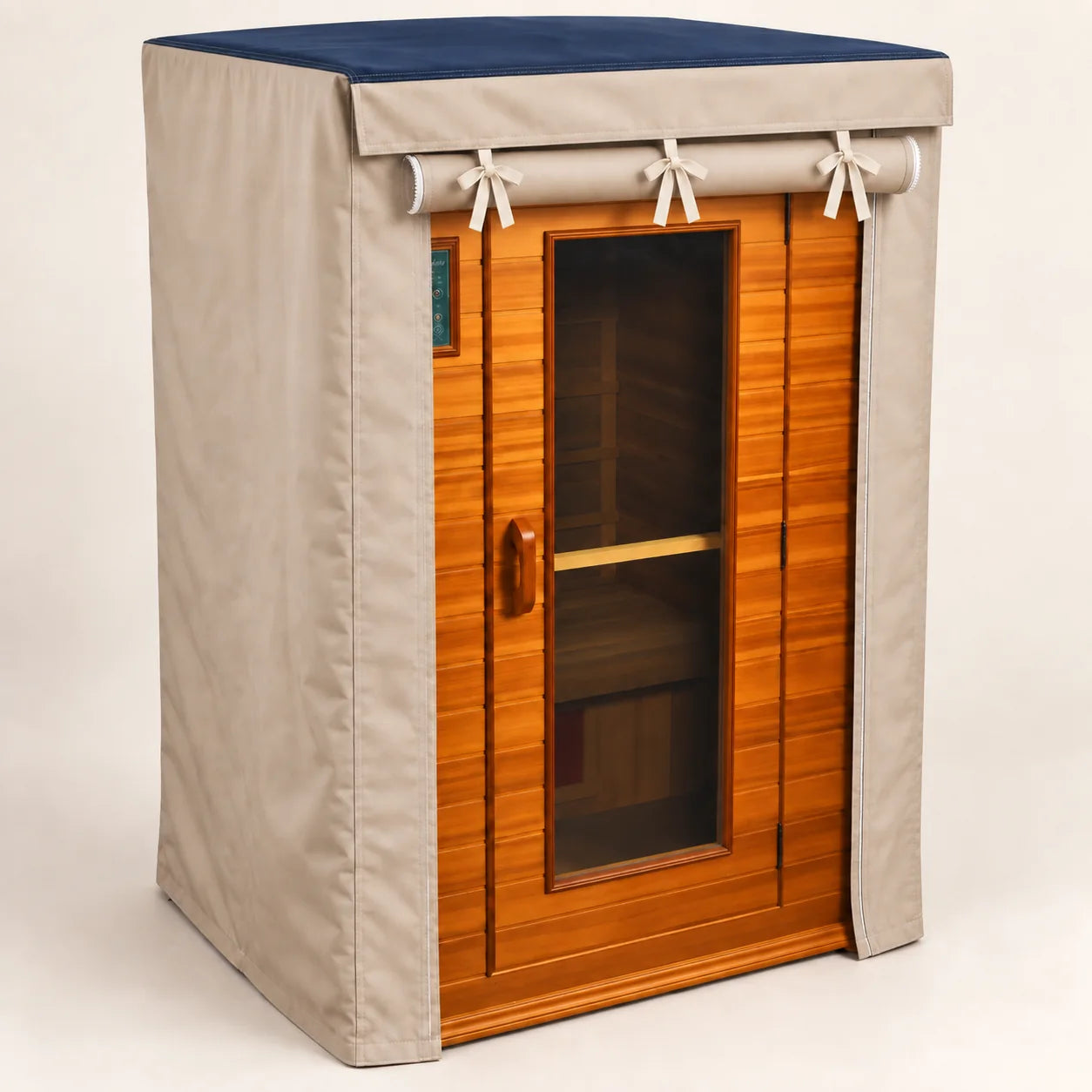 AI illustration: standard roll-up sauna cover door secured by three natural ivory ties.