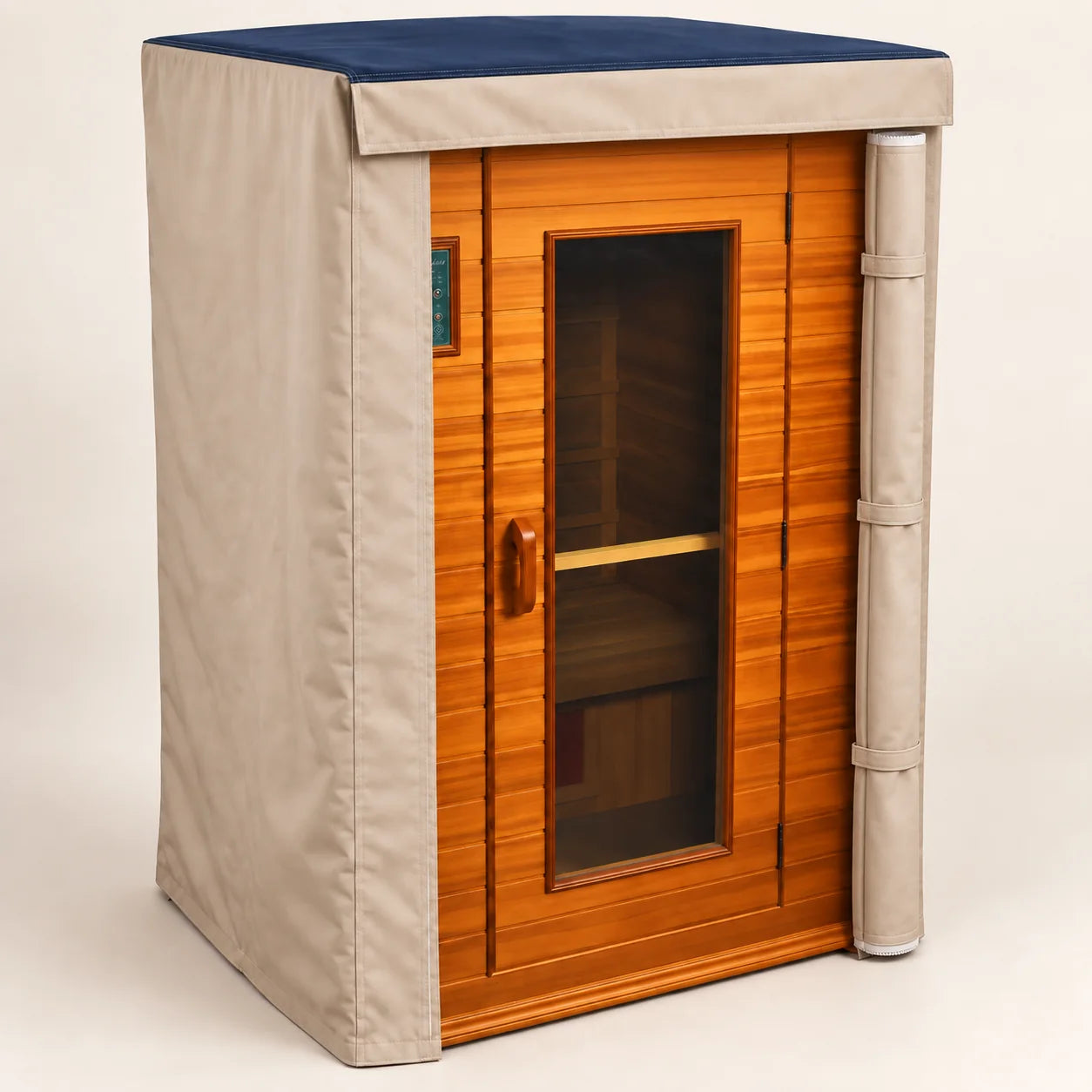 AI illustration: sauna cover with its upgraded front door rolled to one side and secured with straps.