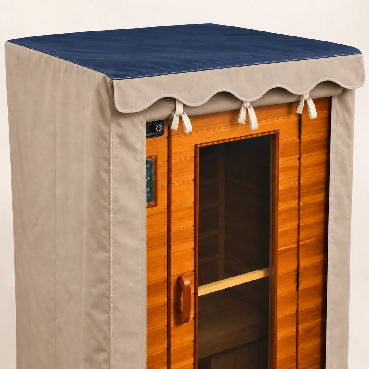 AI illustration: sauna cover with a wavy scalloped front valance and a plain side panel.