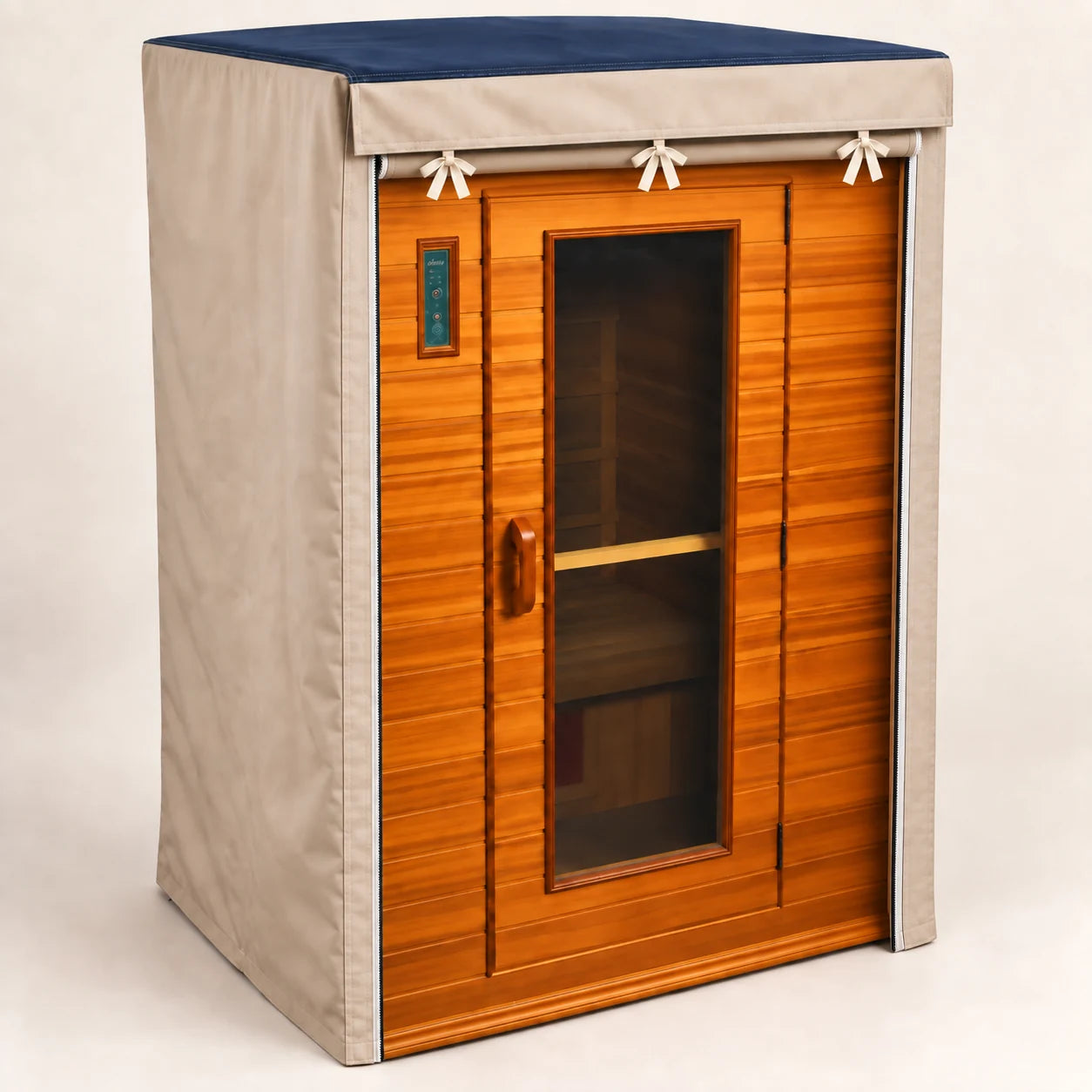 Wide standard roll-up cover opening showing the sauna front, held open with natural ivory ties