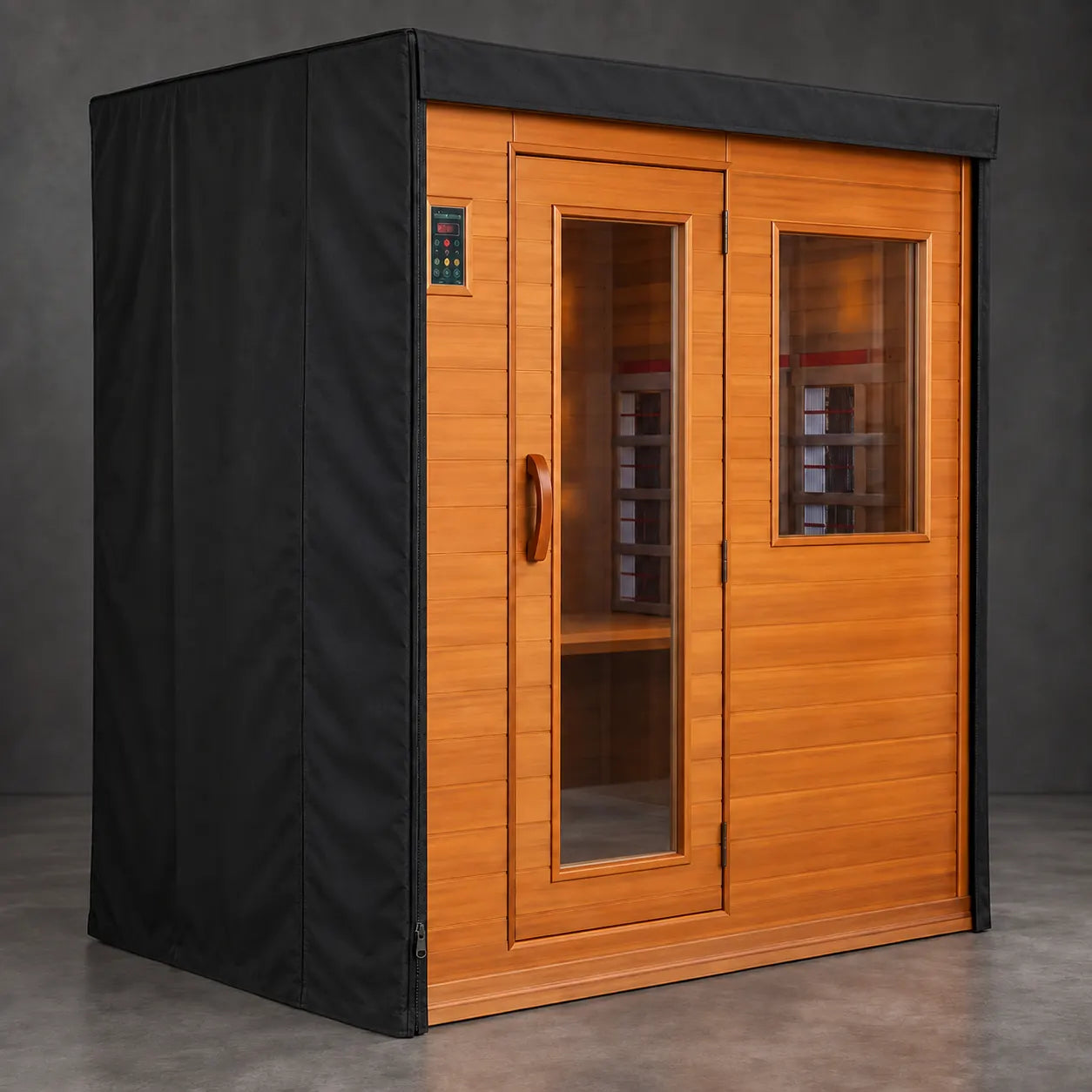 Straight-front valance example on a canvas sauna cover