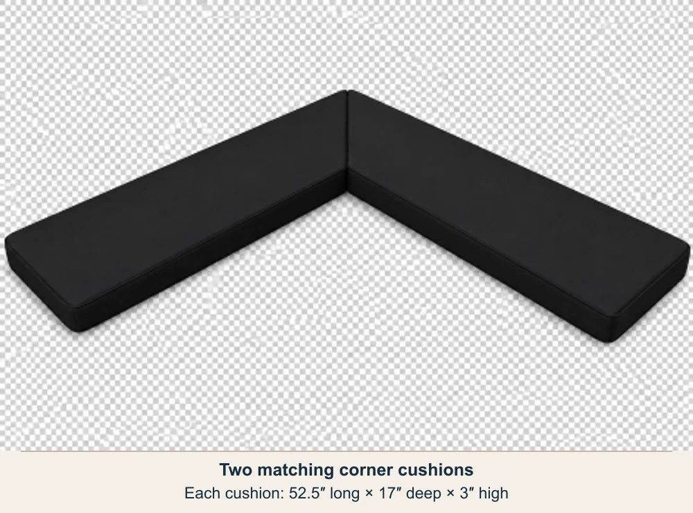 Two matching black corner-sauna cushions meeting at their angled ends; each cushion is 52.5 inches long by 17 inches deep by 3 inches high