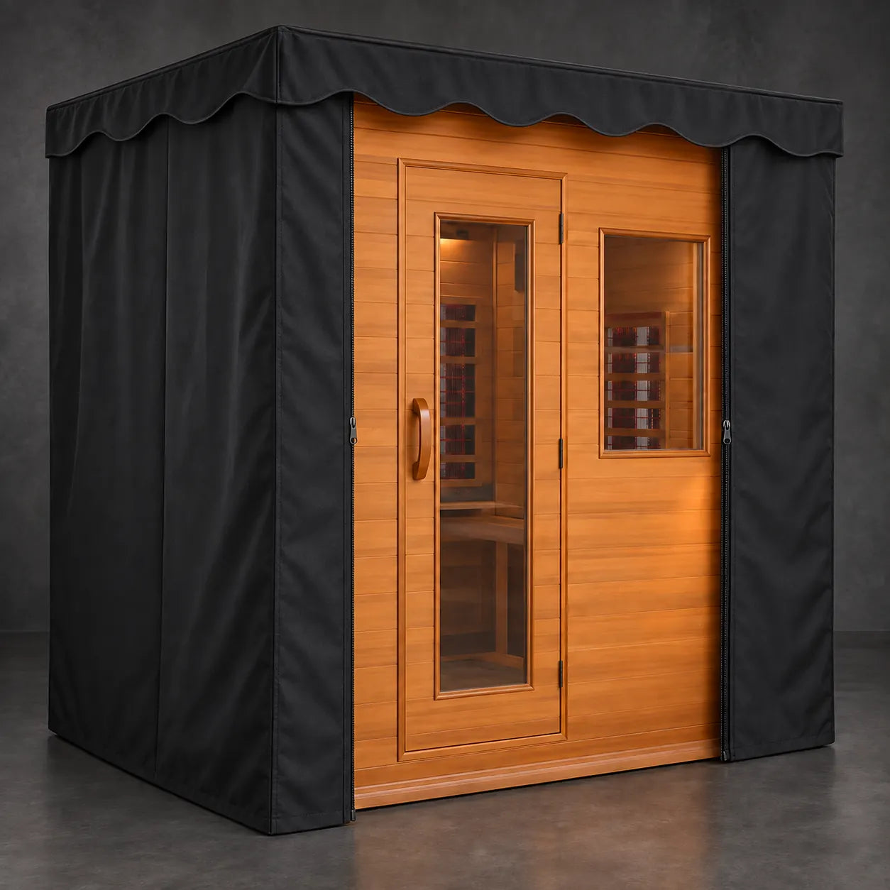 Matte-black dust cover with one continuous shallow wavy valance across the front and both sides