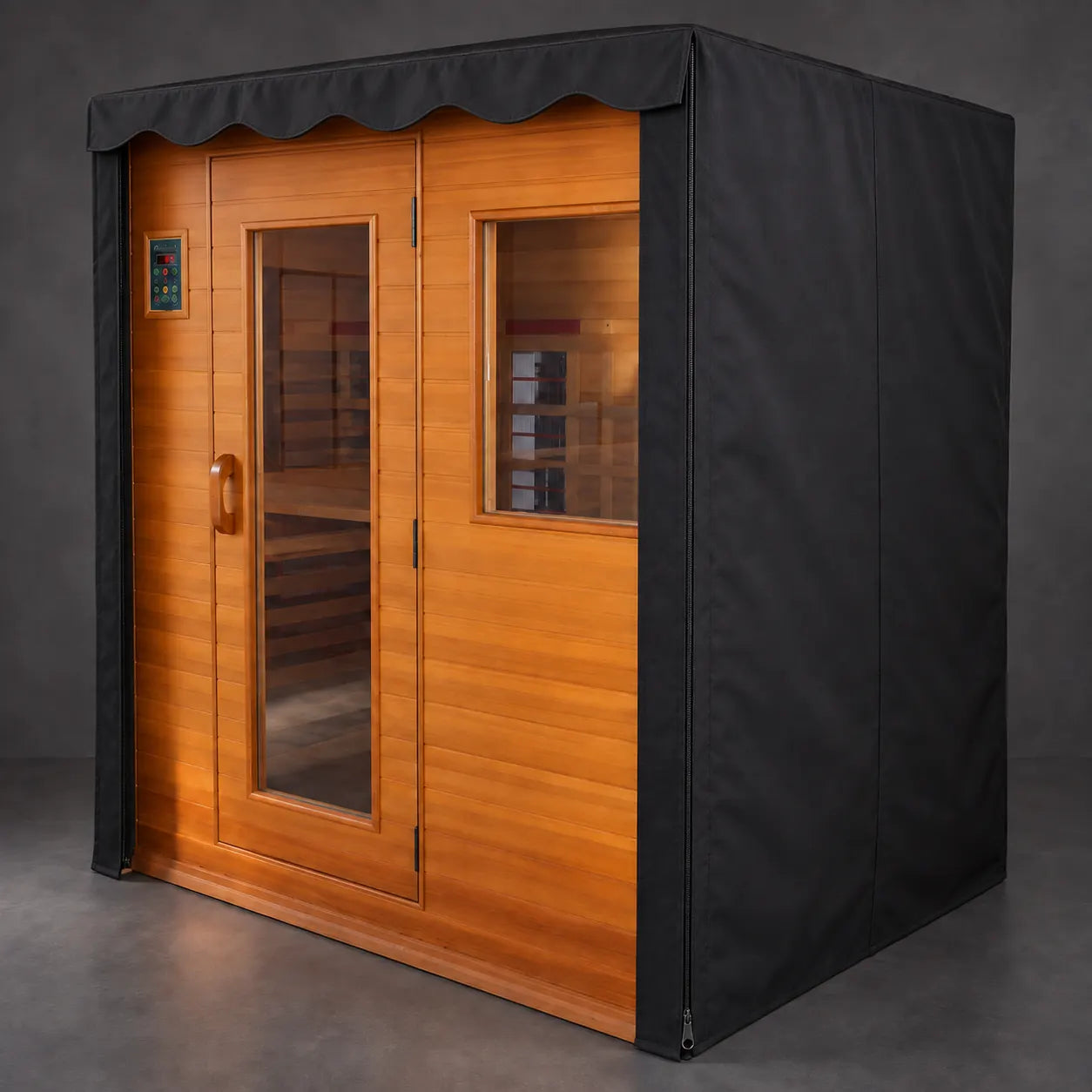 Matte-black dust cover with a shallow wavy valance across the front only