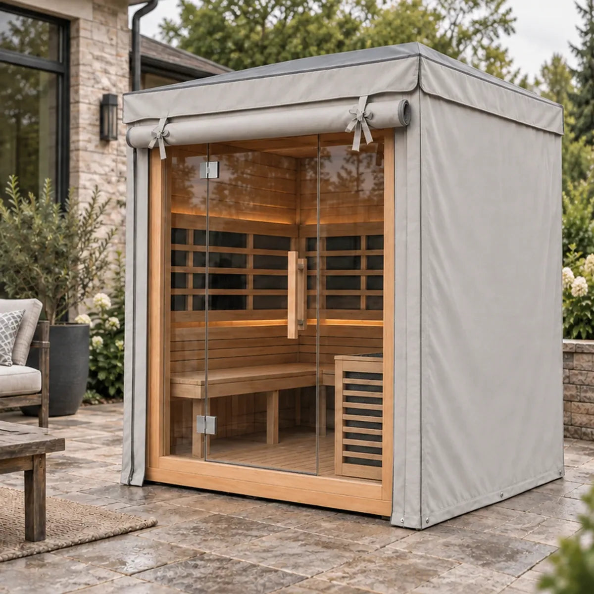 Wide standard roll-up cover opening exposing nearly the full sauna front and windows