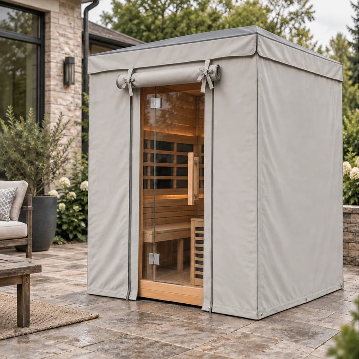 Narrow standard roll-up cover opening around a wooden front door, with fixed fabric panels on both sides