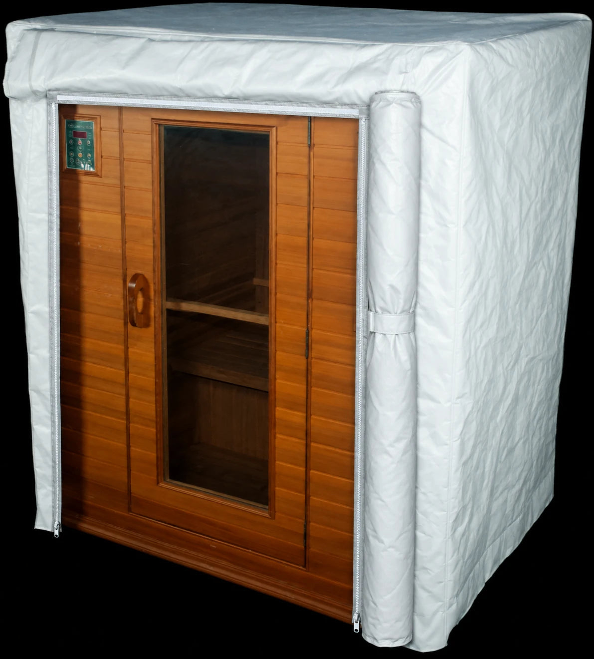 Silver insulated thermal cover with an upgraded door rolled and secured to the side
