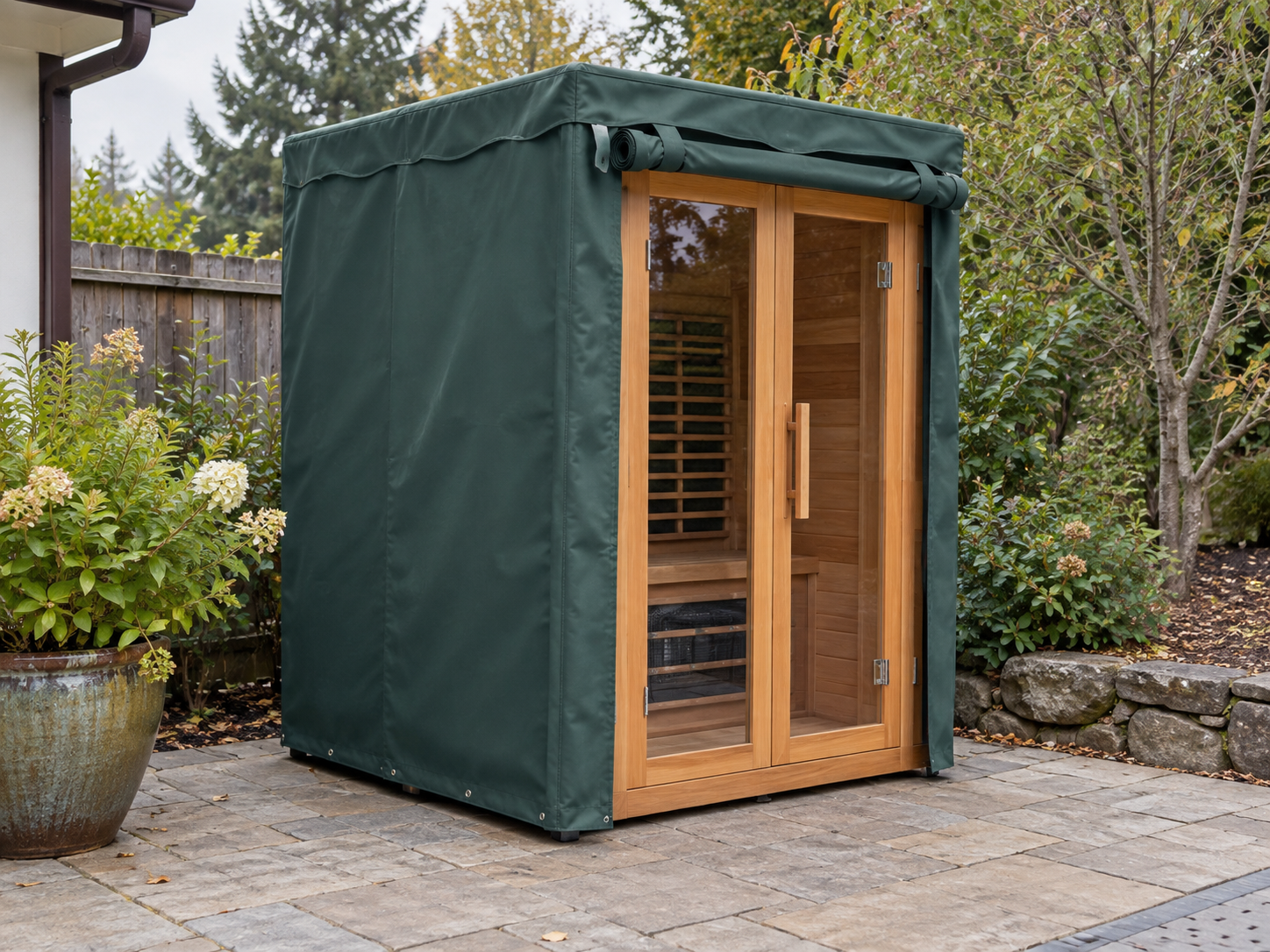Covered Clearlight sauna on a residential patio